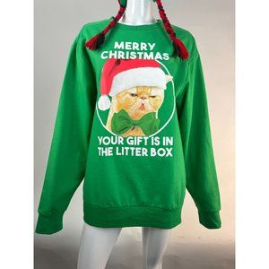 MAD Engine Ugly Christmas Holiday Cat Gift Sweatshirt Medium Green Cotton Blend
